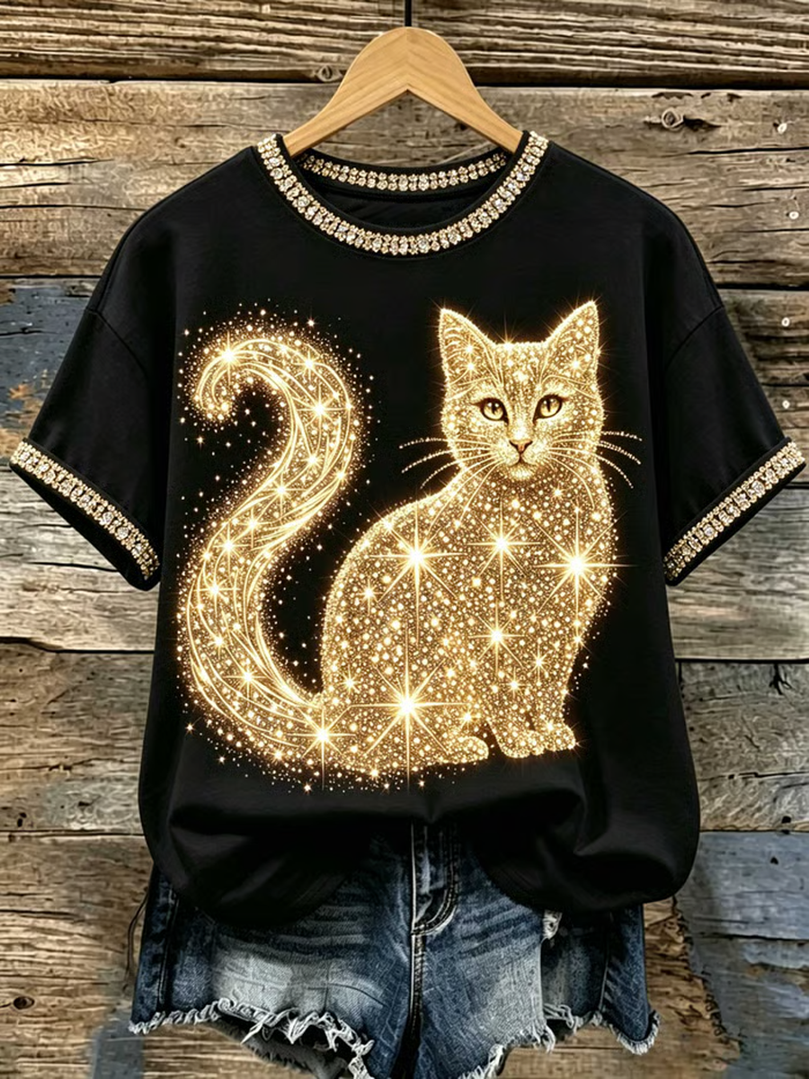 Women's Crystal-embellished cat print design short-sleeved T-shirt gracestitchs