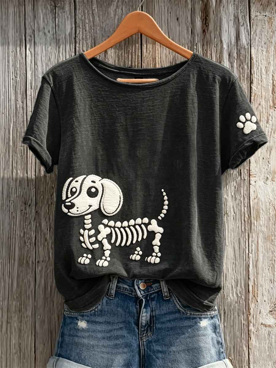 Women's Lovely Skeleton Dachshund Dog & Paw Print short-sleeved T-shirt