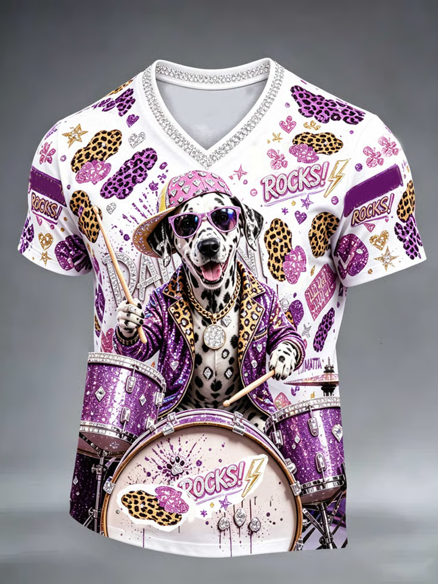 Men's Crystal-embellished dog print design V-neck T-shirt gracestitchs