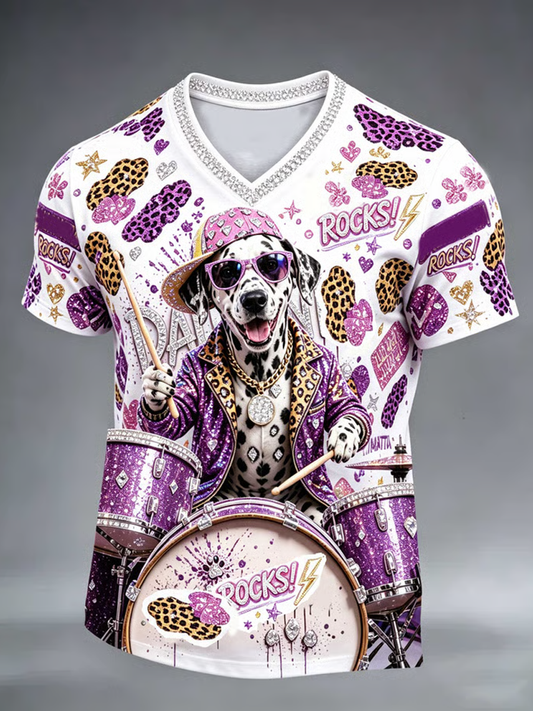 Men's Crystal-embellished dog print design V-neck T-shirt gracestitchs