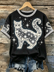 Women's Crystal-embellished cat print design short-sleeved T-shirt gracestitchs