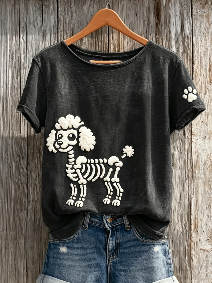 Women's Lovely Skeleton Poodle Dog & Paw Print short-sleeved T-shirt gracestitchs