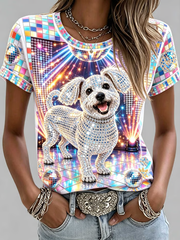Women's Crystal-embellished dog print design short-sleeved T-shirt gracestitchs