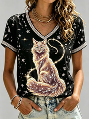 Women's Crystal-embellished cat print design short-sleeved T-shirt gracestitchs