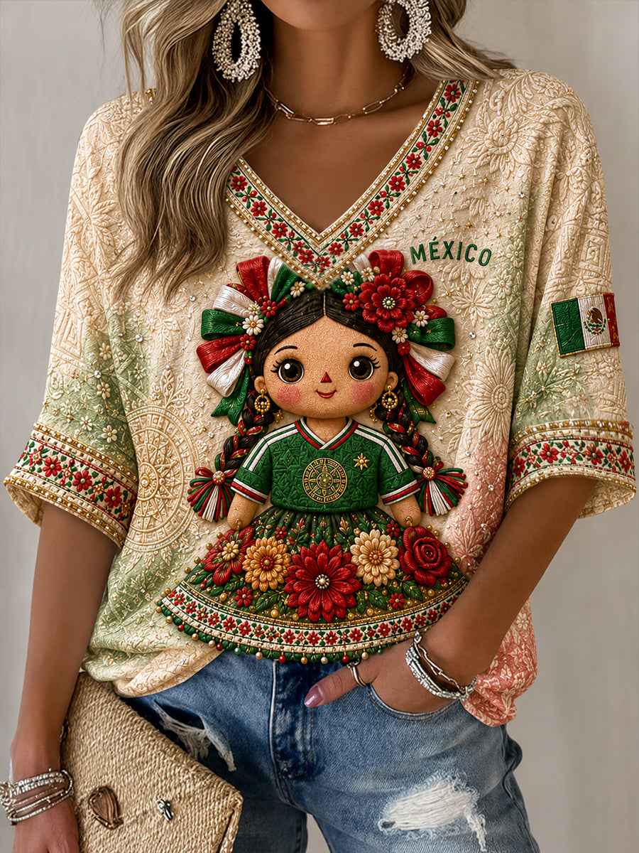 Women's Mexico Football Lover Lele Doll Art Printed T-shirt