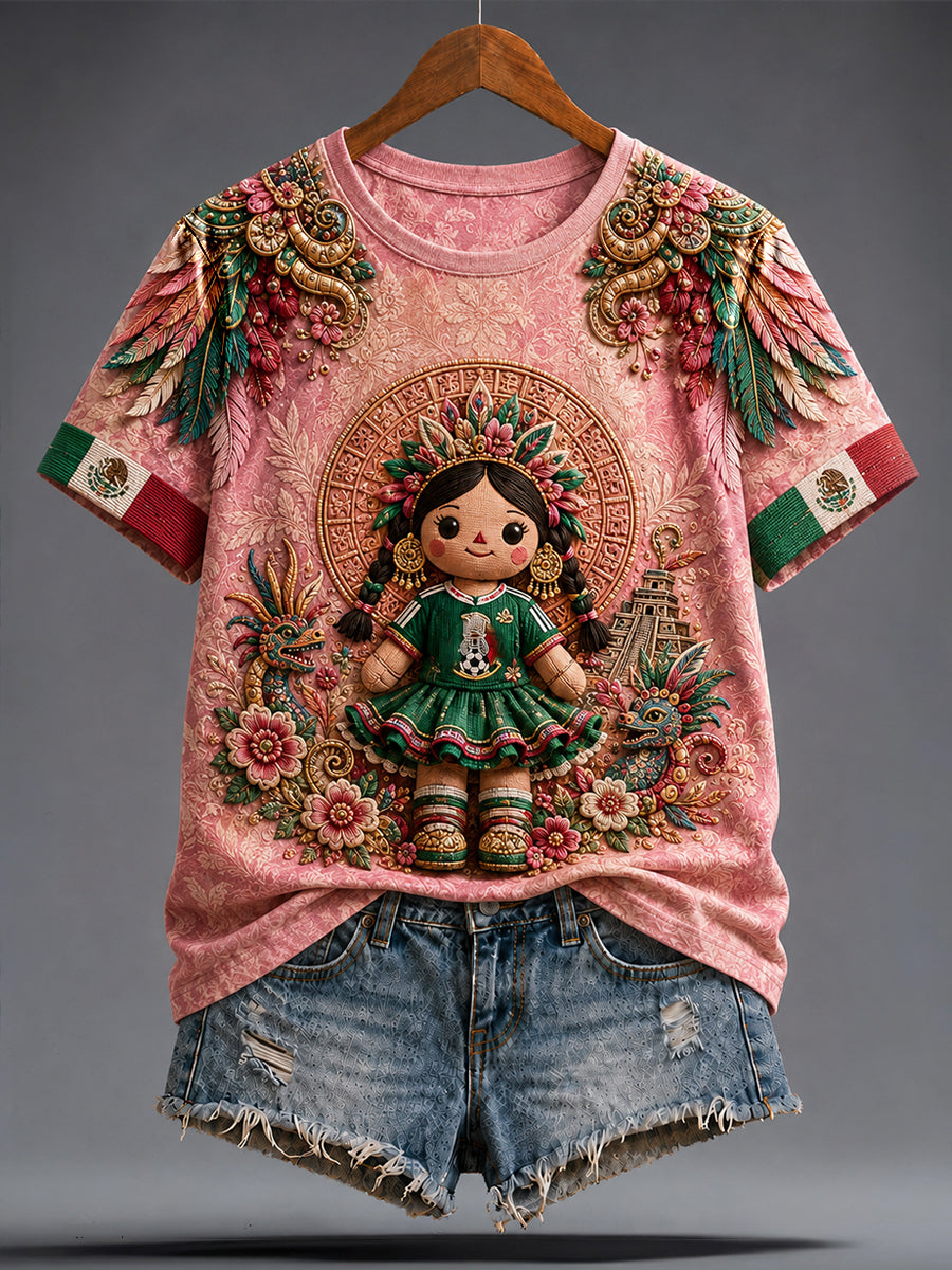 Women's Mexico Football Lover Lele Doll Art Printed T-shirt gracestitchs