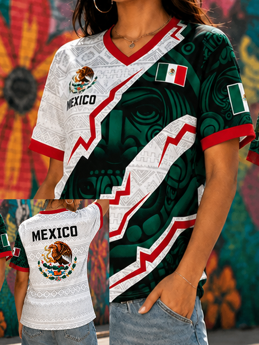 Women's Mexico Football Lover Art Printed short-sleeved T-shirt gracestitchs