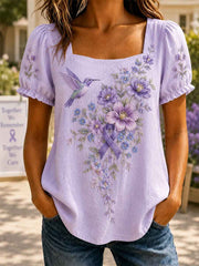 Women's Purple Floral & Hummingbird Print Alzheimer's Awareness Support Shirt