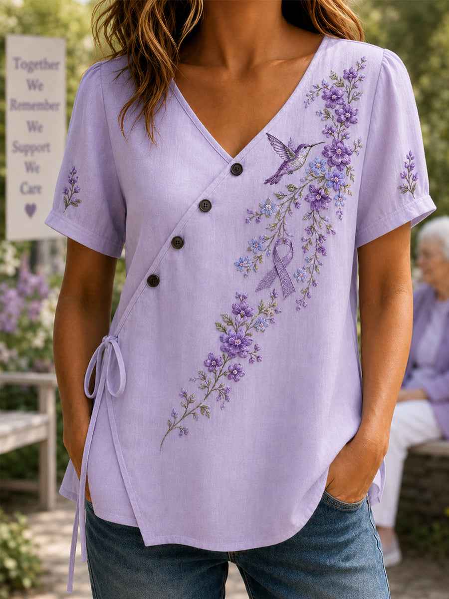 Women's Purple Floral & Hummingbird Print Alzheimer's Awareness Support V-Neck Shirt
