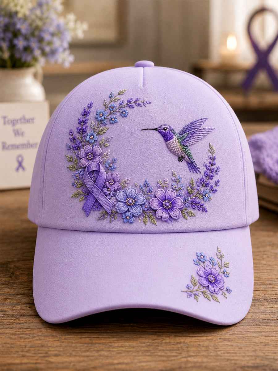 Unisex Purple Floral & Hummingbird Print Alzheimer's Awareness Support Hat