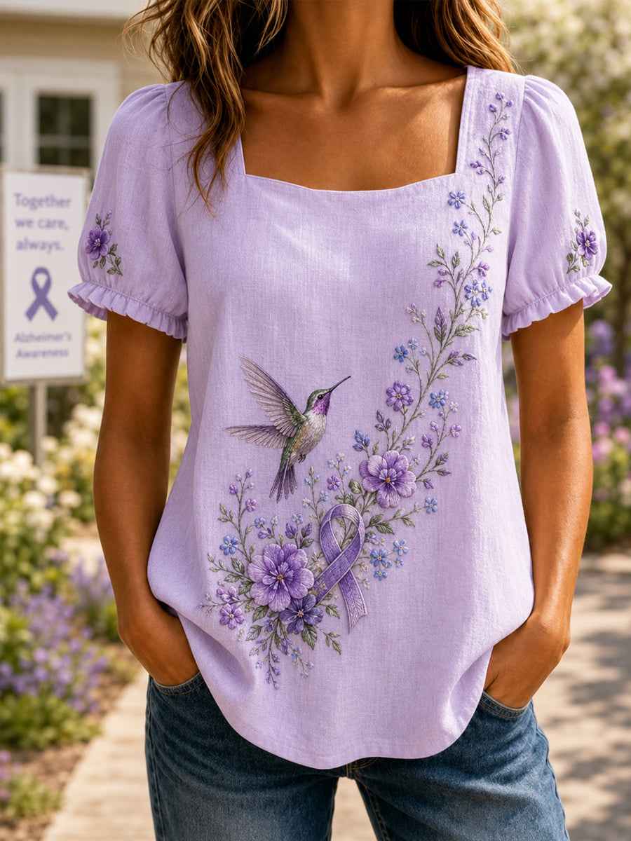 Women's Purple Floral & Hummingbird Print Alzheimer's Awareness Support Shirt