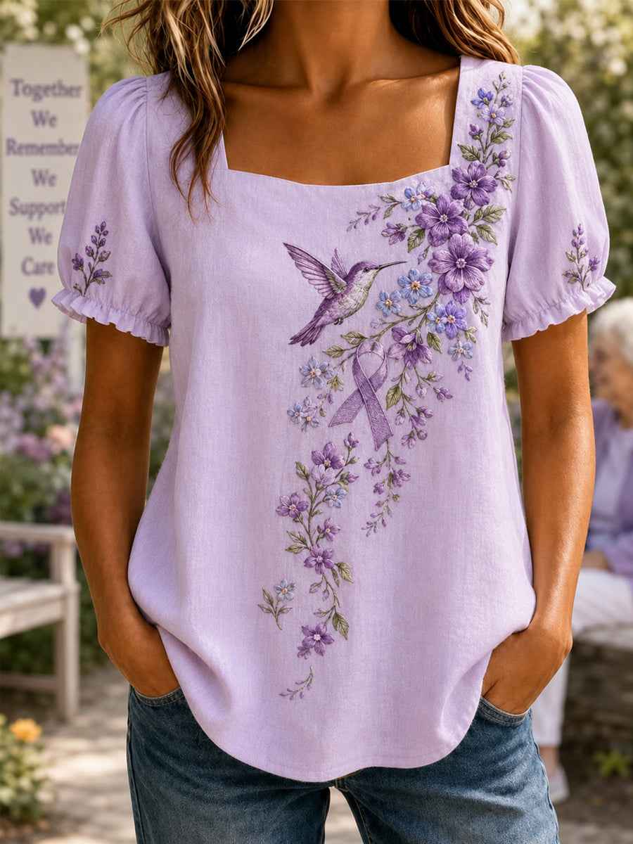 Women's Purple Floral & Hummingbird Print Alzheimer's Awareness Support Shirt