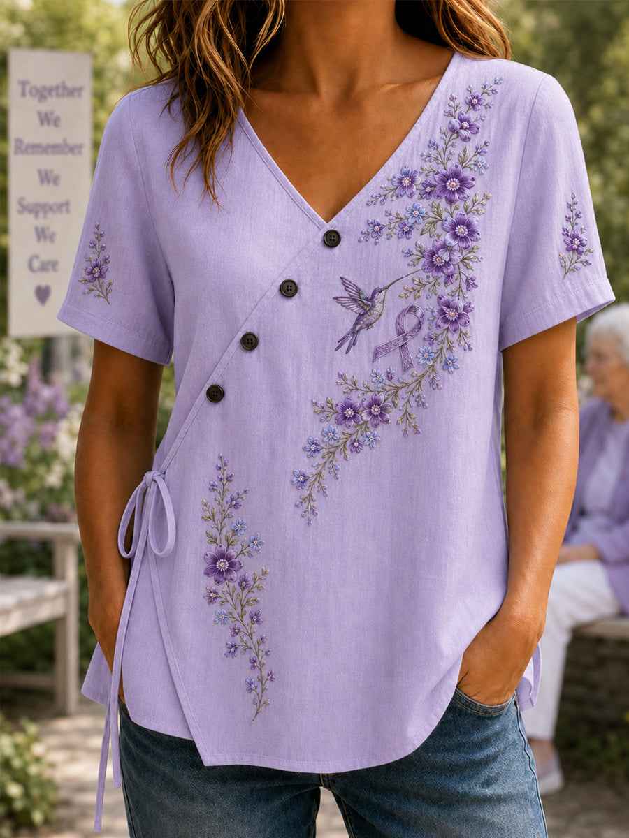 Women's Purple Floral & Hummingbird Print Alzheimer's Awareness Support V-Neck Shirt