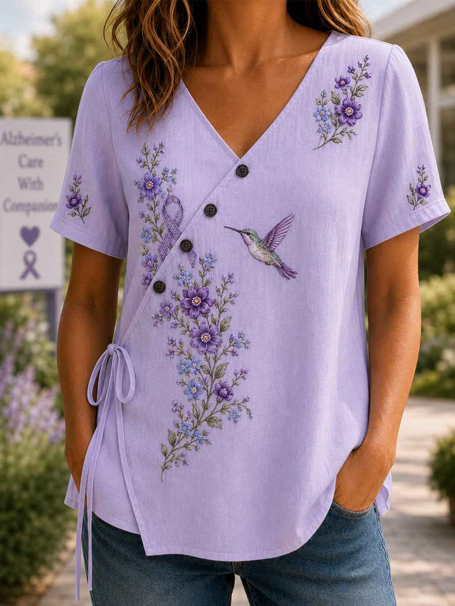 Women's Purple Floral & Hummingbird Print Alzheimer's Awareness Support V-Neck Shirt