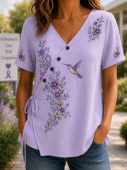 Women's Purple Floral & Hummingbird Print Alzheimer's Awareness Support V-Neck Shirt