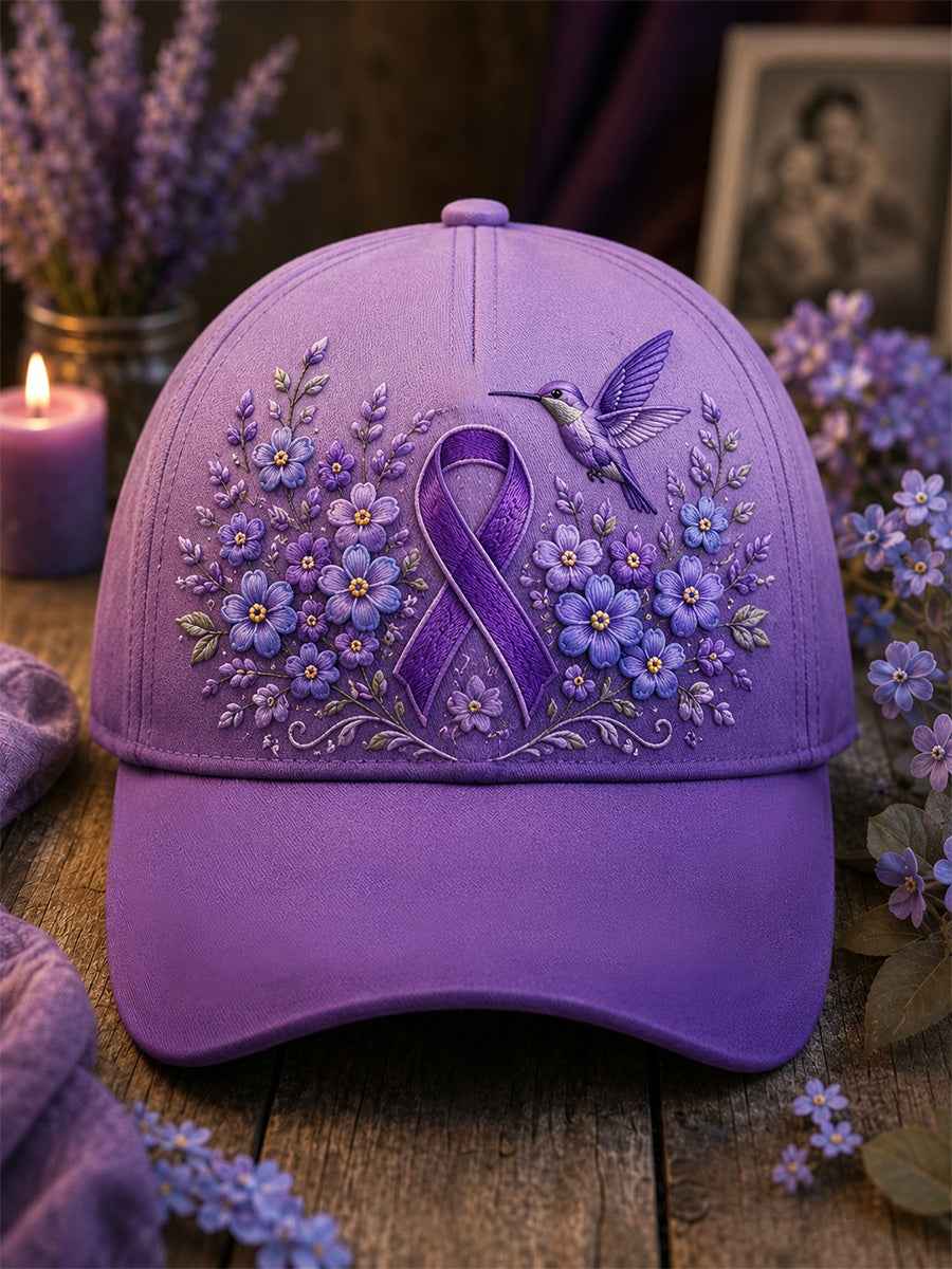 Unisex Purple Floral & Hummingbird Print Alzheimer's Awareness Support Hat