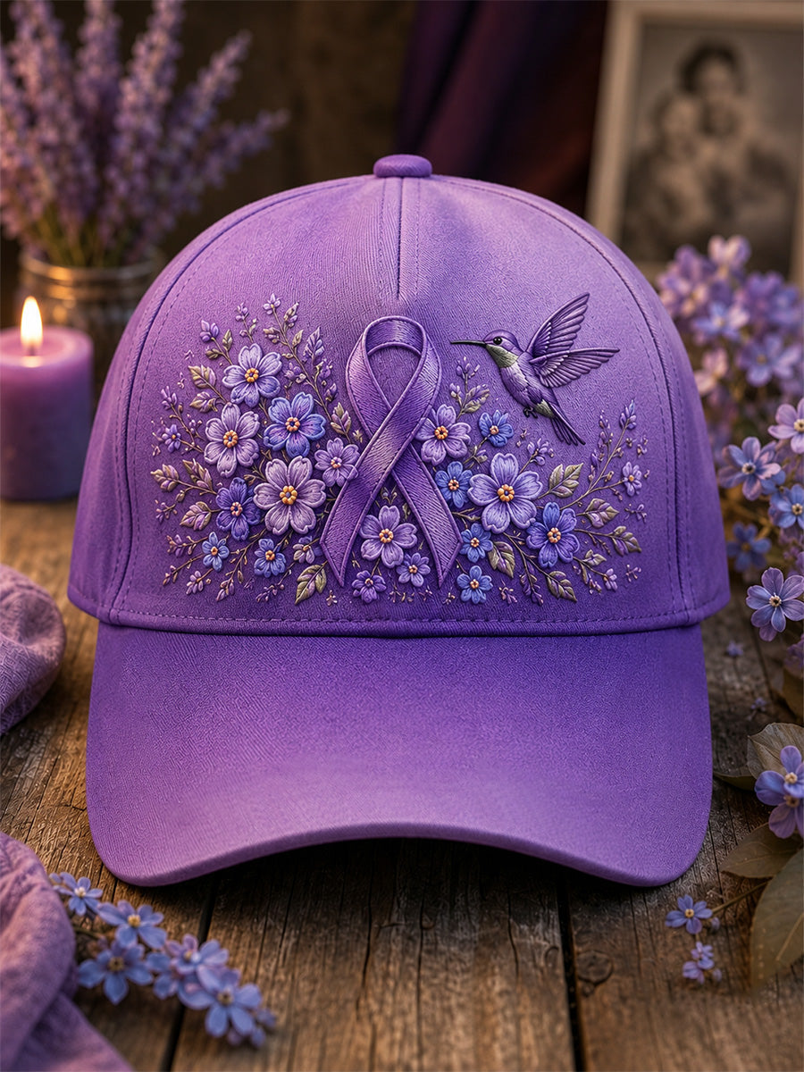 Unisex Purple Floral & Hummingbird Print Alzheimer's Awareness Support Hat gracestitchs