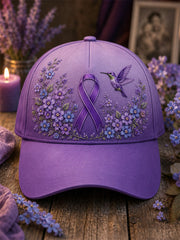 Unisex Purple Floral & Hummingbird Print Alzheimer's Awareness Support Hat gracestitchs