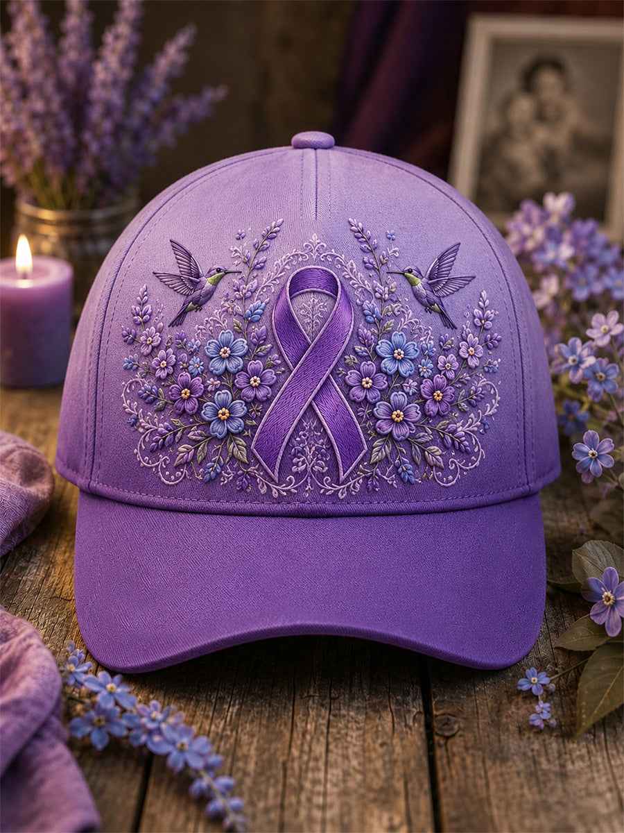 Unisex Purple Floral & Hummingbird Print Alzheimer's Awareness Support Hat