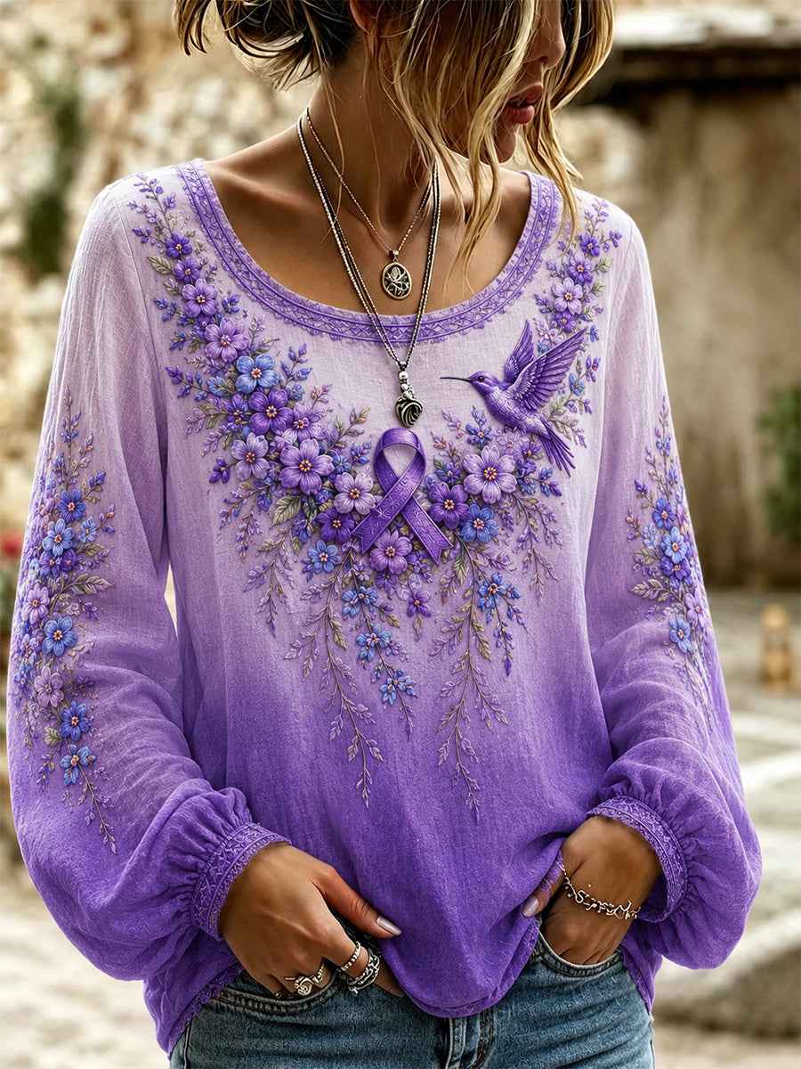 Women's Purple Floral & Hummingbird Print Alzheimer's Awareness Support Top