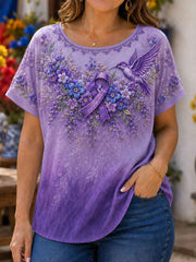 Women's Purple Floral & Hummingbird Print Alzheimer's Awareness Support Tee