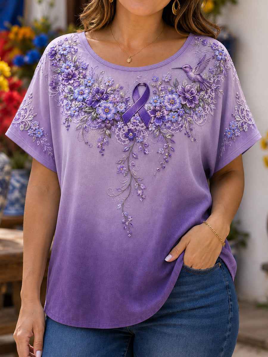Women's Purple Floral & Hummingbird Print Alzheimer's Awareness Support Tee