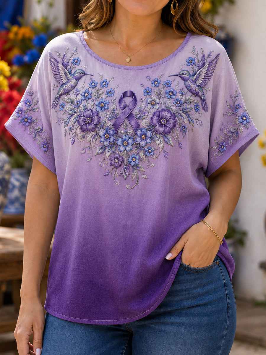 Women's Purple Floral & Hummingbird Print Alzheimer's Awareness Support Tee