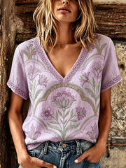 Women's purple plant flower pattern printed casual linen short-sleeved T-shirt