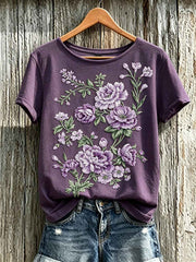 Women's purple plant flower pattern printed casual short-sleeved T-shirt