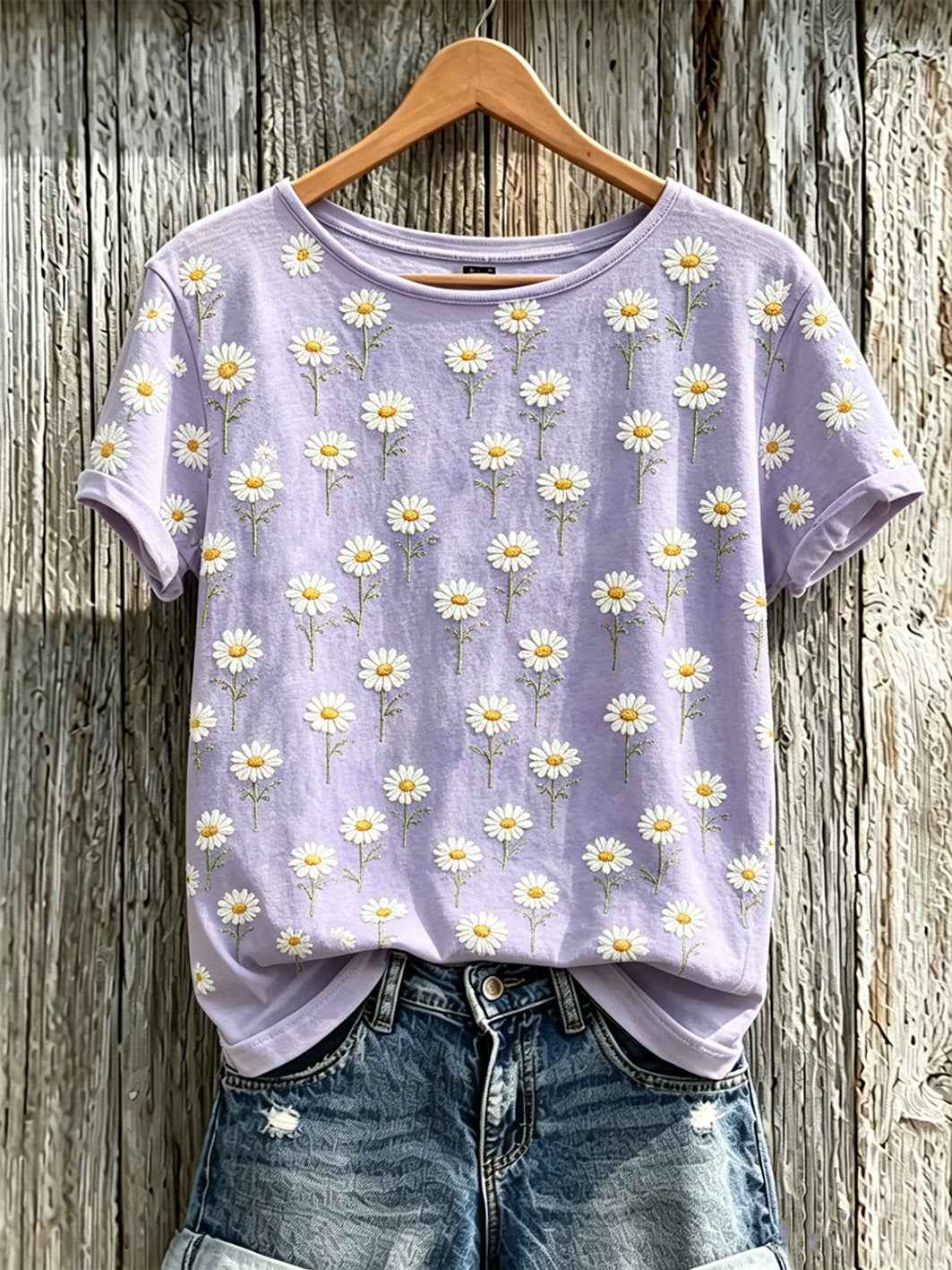 Women's purple plant flower pattern printed casual short-sleeved T-shirt
