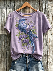 Women's purple plant flower pattern printed casual short-sleeved T-shirt gracestitchs