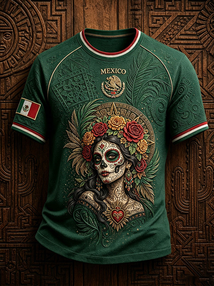 Men's Mexico Football Lover La Catrina Art Printed T-shirt gracestitchs