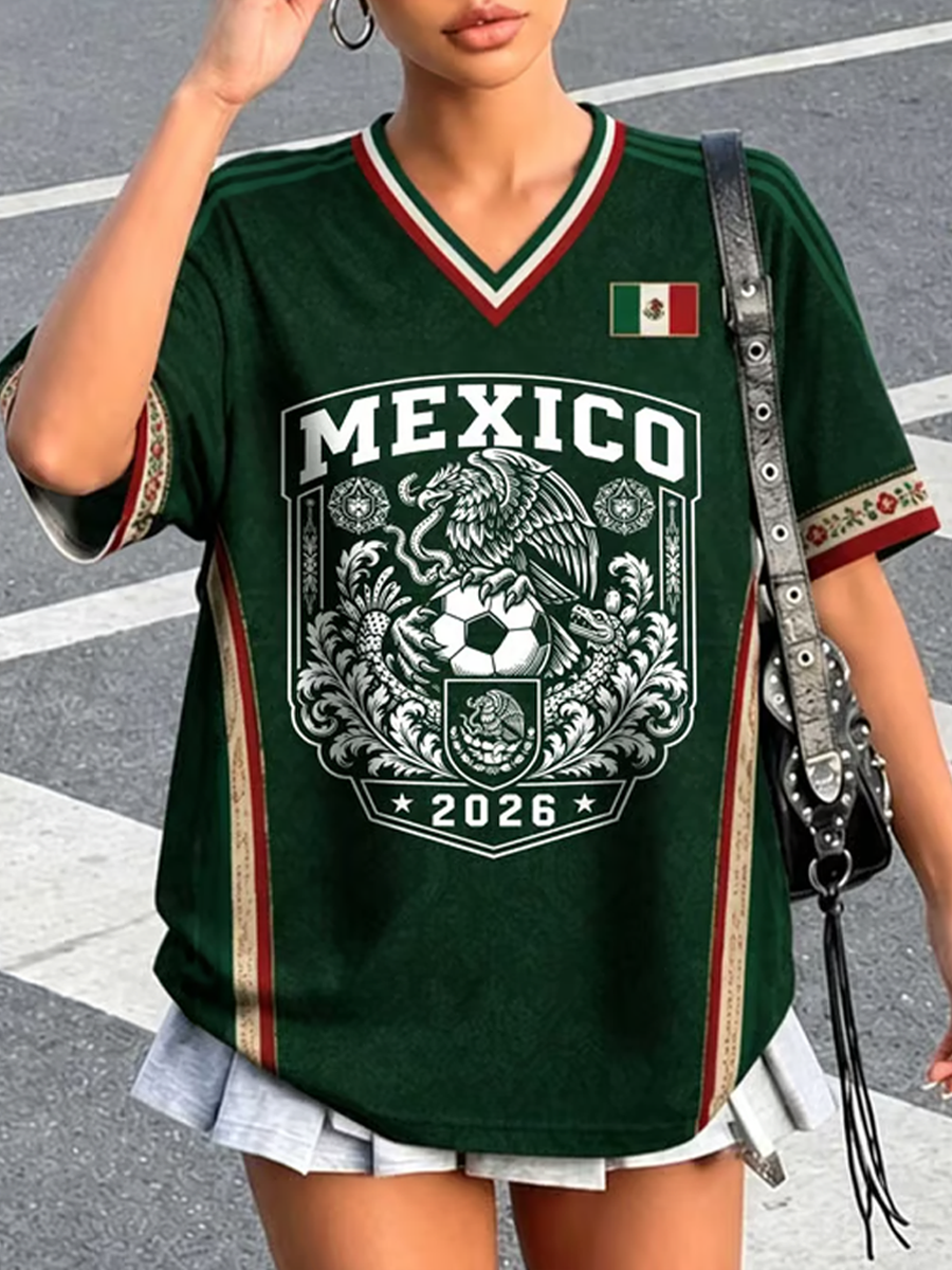 Women's Mexico Football Lover Art Printed short-sleeved T-shirt gracestitchs