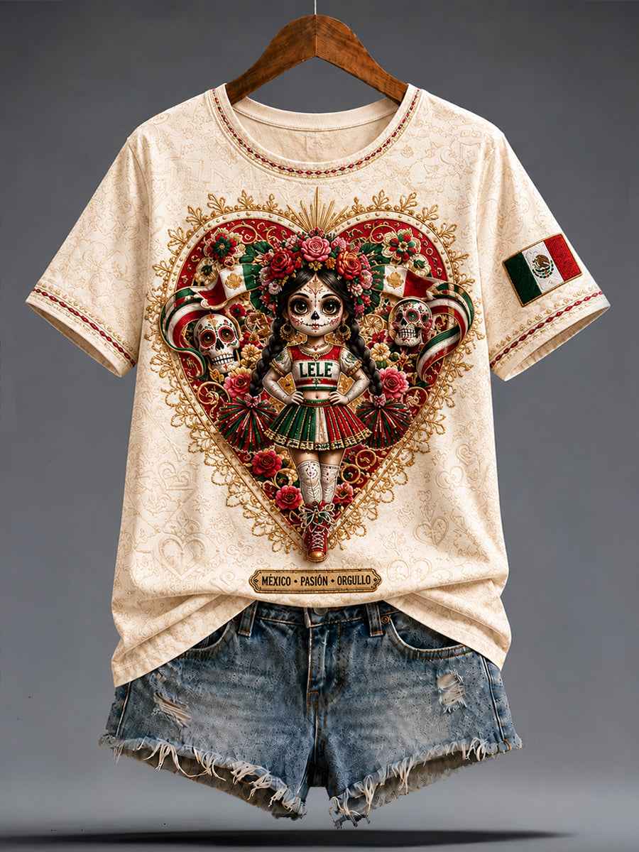 Women's Mexico Football Lover La Catrina Lele Doll Art Printed T-shirt