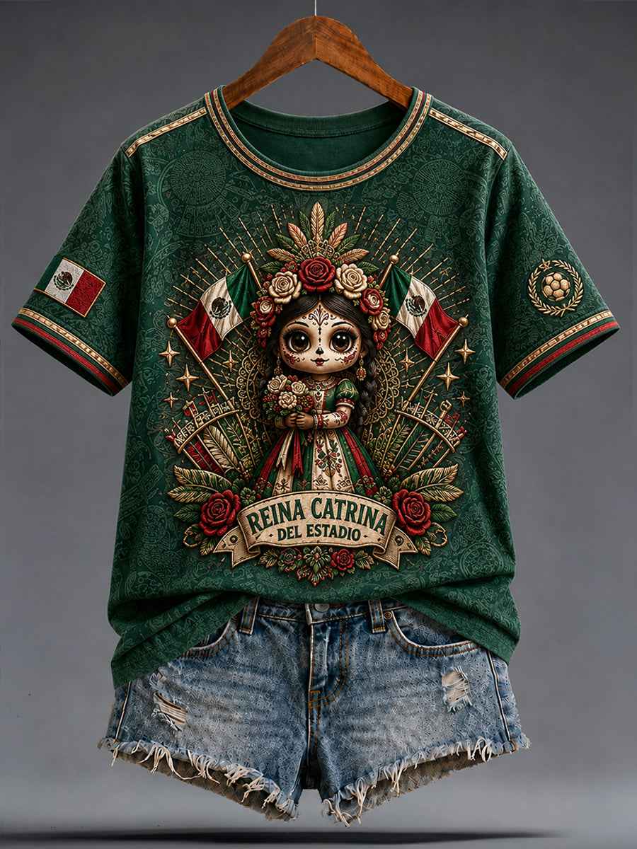 Women's Mexico Football Lover La Catrina Lele Doll Art Printed T-shirt