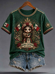 Women's Mexico Football Lover La Catrina Lele Doll Art Printed T-shirt