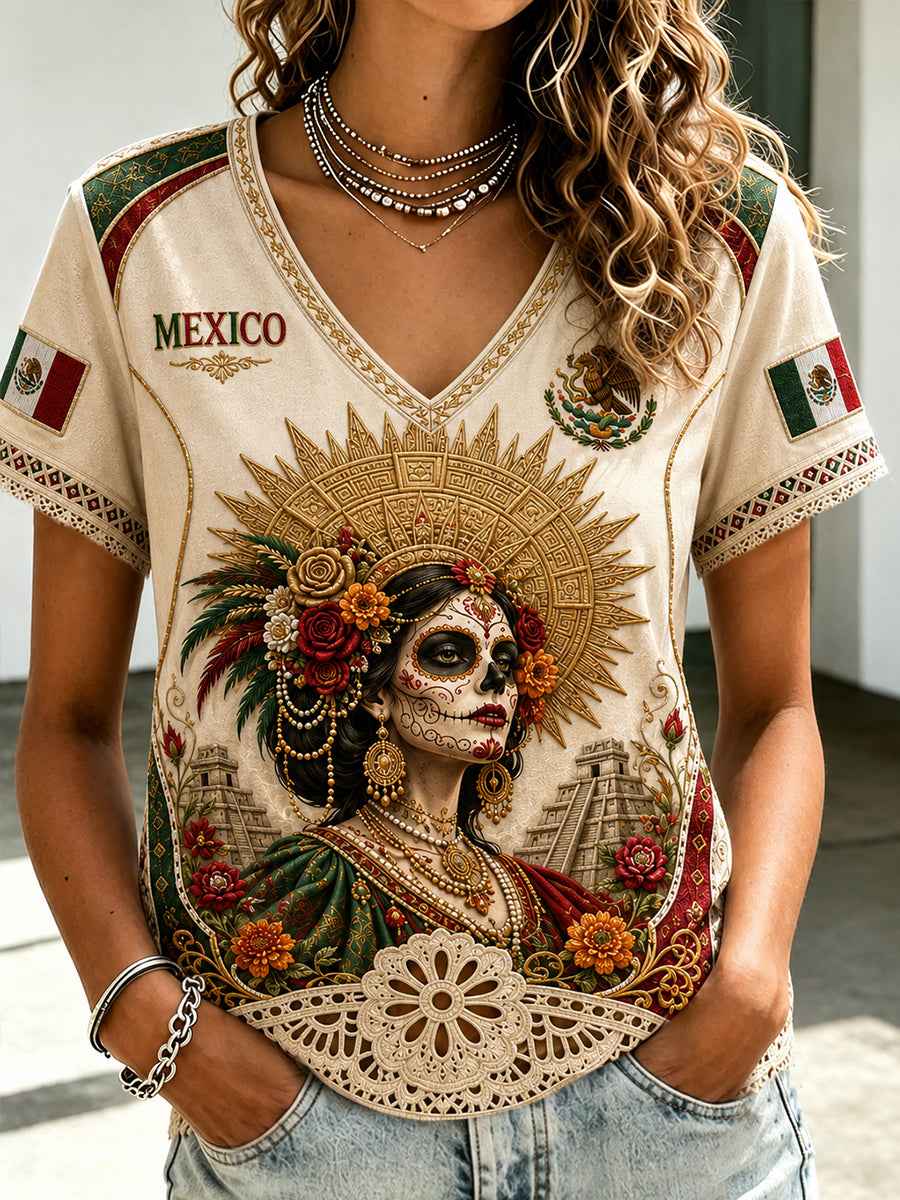 Women's Mexico Football Lover La Catrina Lele Doll Art Printed T-shirt