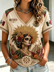 Women's Mexico Football Lover La Catrina Lele Doll Art Printed T-shirt