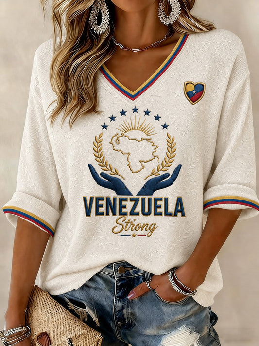 Women's Venezuela Strong Printed Mid-length Sleeves V-neck T-shirt gracestitchs