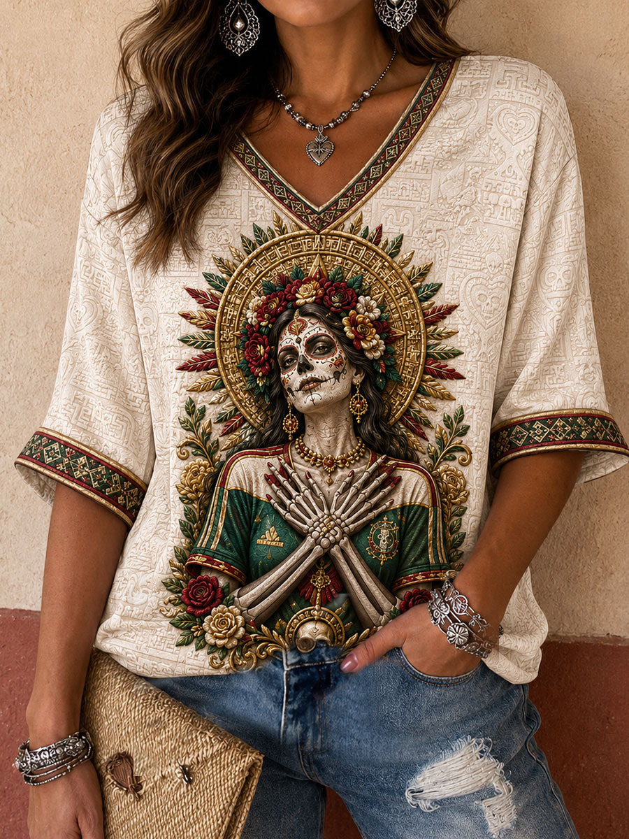 Women's Mexico Football Lover La Catrina Art Printed T-shirt gracestitchs
