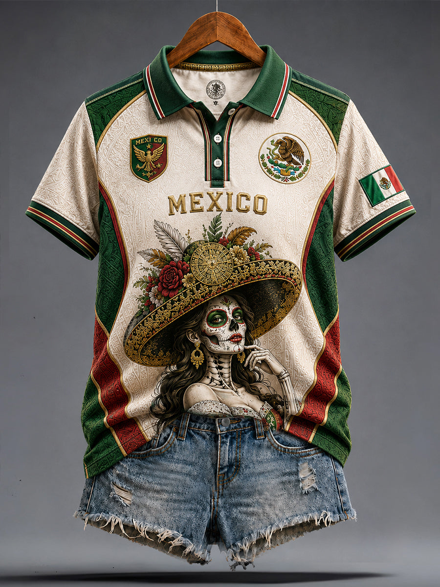 Women's Mexico Football Lover La Catrina Art Printed Casual Tops gracestitchs