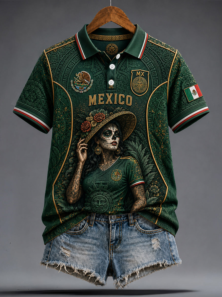 Women's Mexico Football Lover La Catrina Art Printed Casual Tops gracestitchs