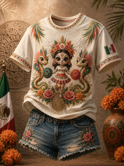 Women's Mexico Football Lover La Catrina Lele Doll Art Printed T-shirt gracestitchs