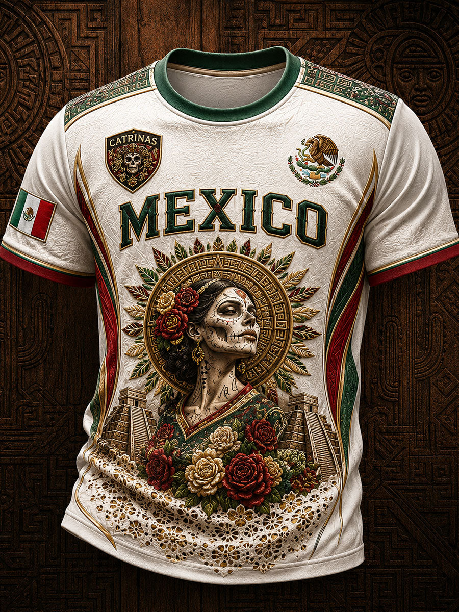 Men's Mexico Football Lover La Catrina Art Printed T-shirt gracestitchs