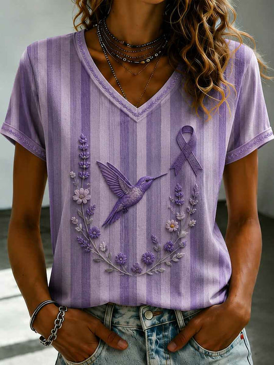 Women's Purple Flora Art Printed V-neck T-shirt