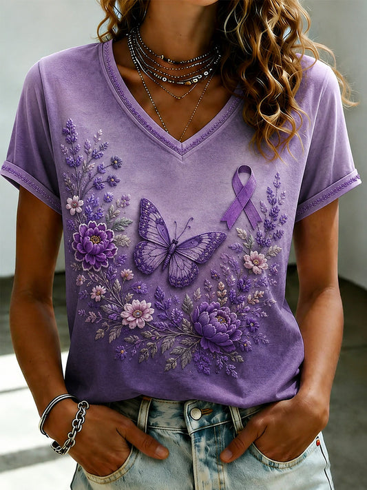 Women's Purple Flora Art Printed V-neck T-shirt gracestitchs