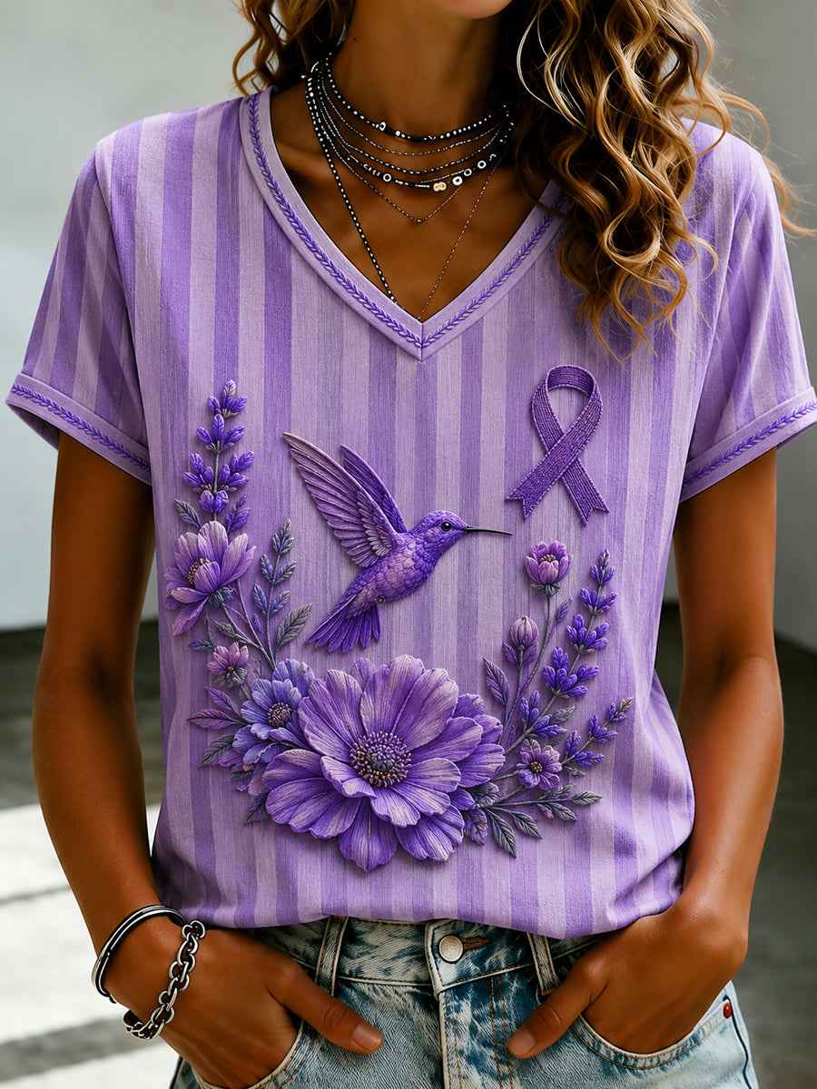 Women's Purple Flora Art Printed V-neck T-shirt
