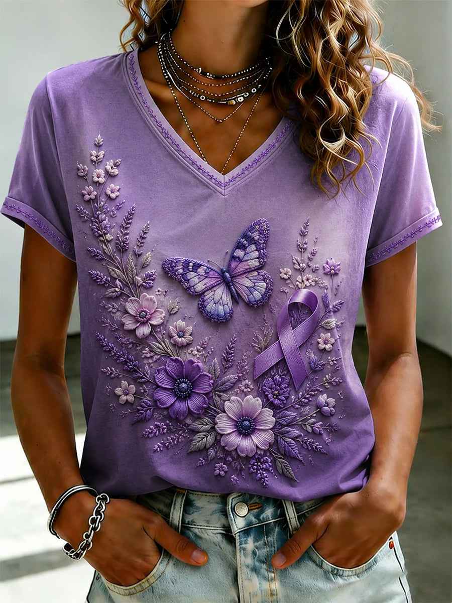 Women's Purple Flora Art Printed V-neck T-shirt