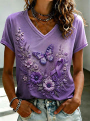 Women's Purple Flora Art Printed V-neck T-shirt