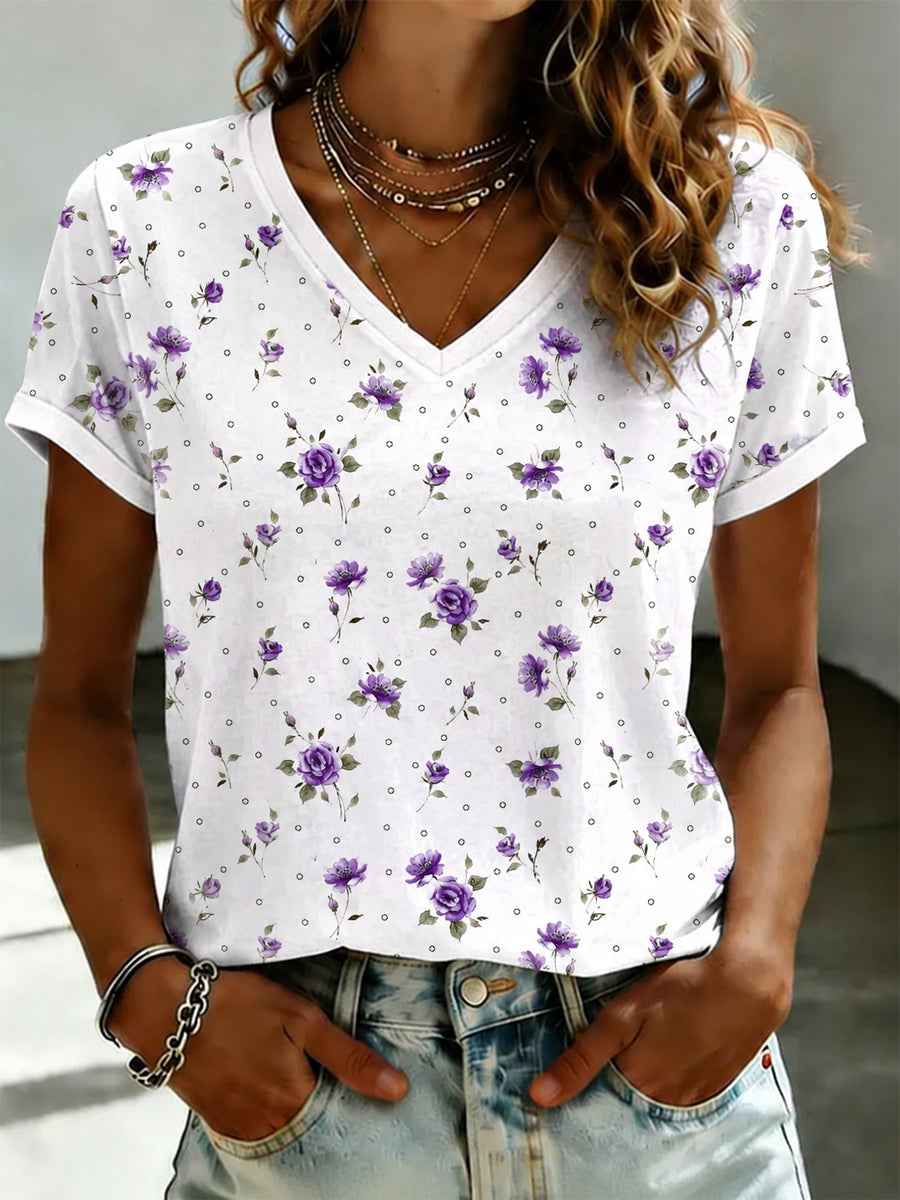 Women's Purple Flora Art Printed V-neck T-shirt